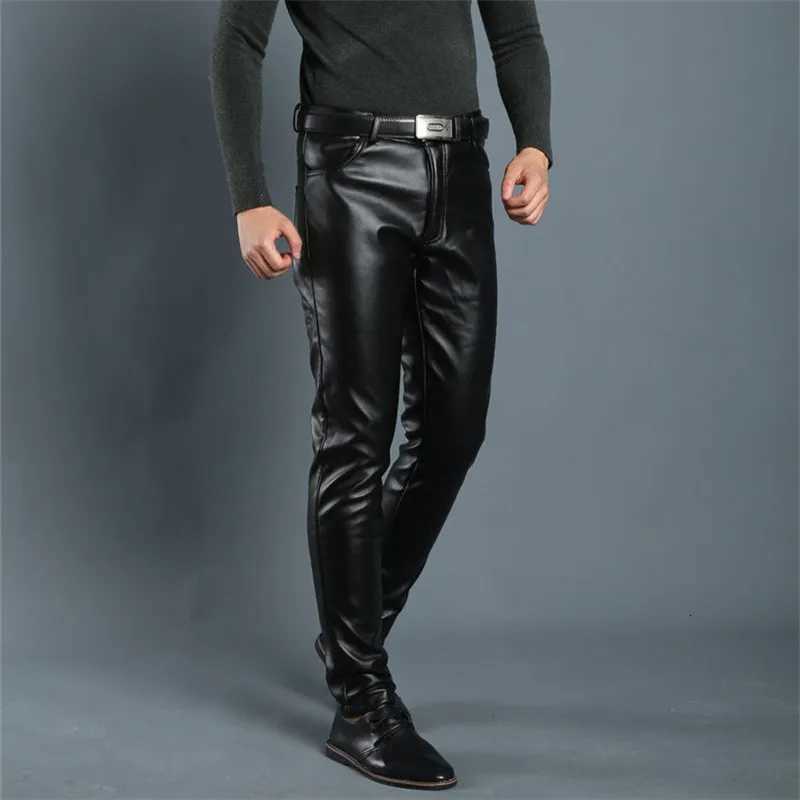 Mens Leather Pants Elastic High Waist Casual PU Leather Trousers Korean Fashion Skinny Pants Mens Motorcycle Pants Waterproof W250819