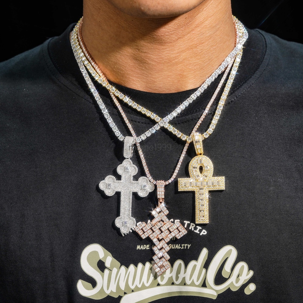 Hip Hop High Quality 925 Silver Gold Plated Pass Diamond Tester Custom Moissanite Cross Pendant