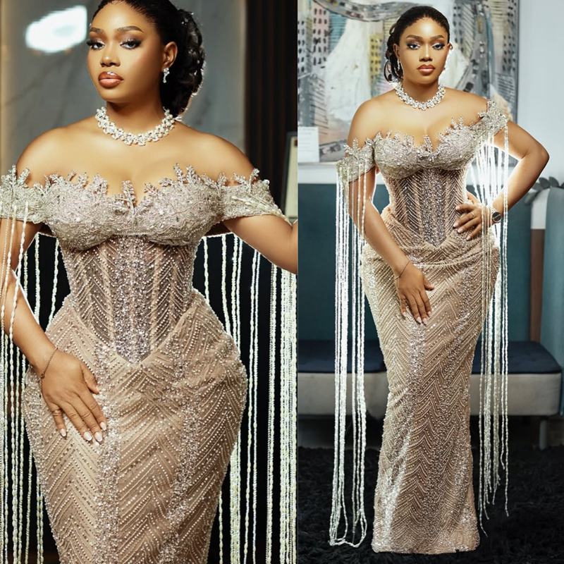 Champagne Mermaid Prom Dress 2025 Evening Dresses Robe De Sorrie Off Shoulder Beaded Lace Tassel Illusion Floor Length Birthday Dress Second Reception