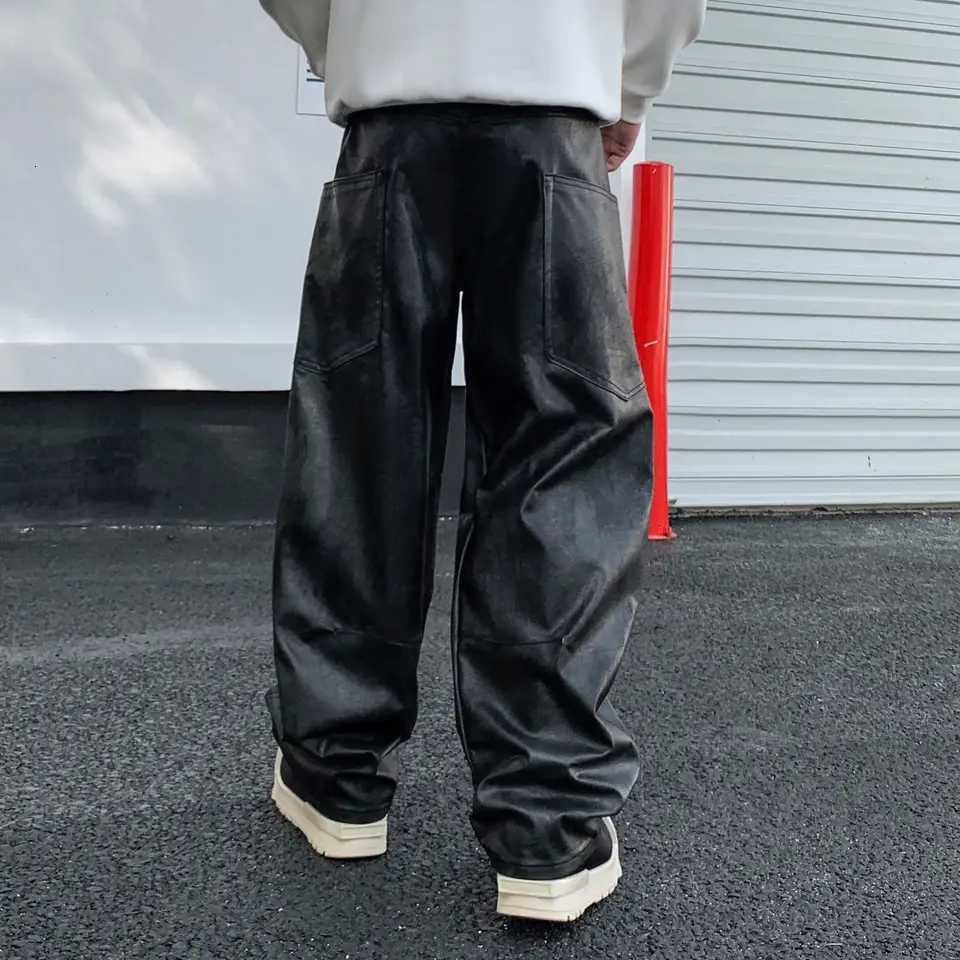 Latest Design Black Cargo Leather Pants Men Wide Leg Loose Fit Trousers Soft Side Pockets Street Pants W250819
