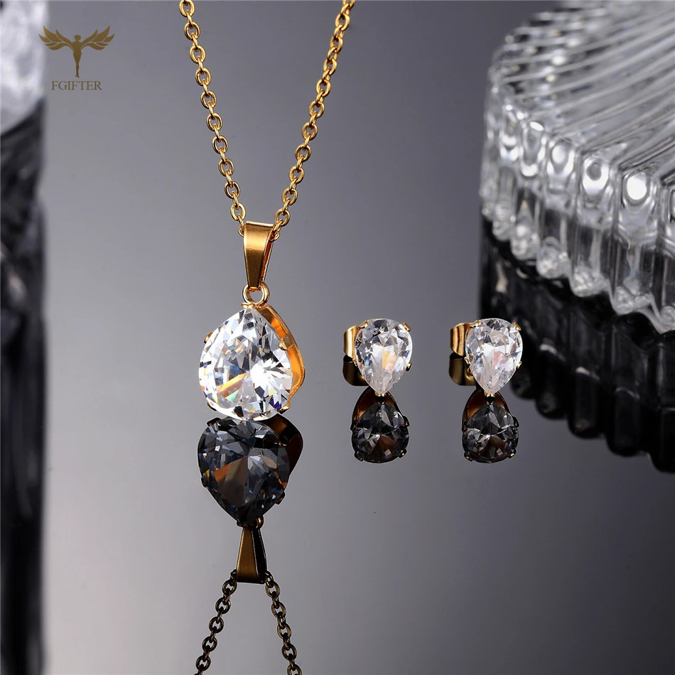 Geometric Zircon Stud Earrings Pendant Necklace Golden Stainless Steel Jewelry Set for Women Girls Accessories Christmas Gifts 250818