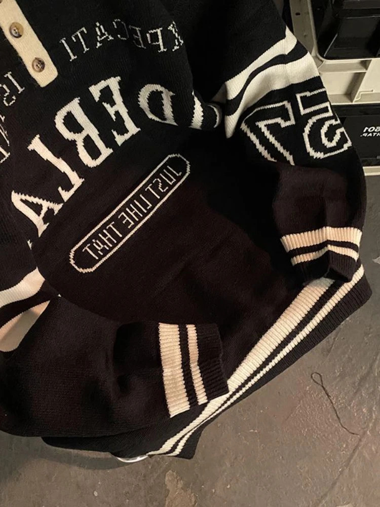 Gmiixder American Retro Lapel Sweater Men Hip Hop Vintage Street Letter Pullover Unisex Grunge Punk Preppy Striped Racing Top 250819