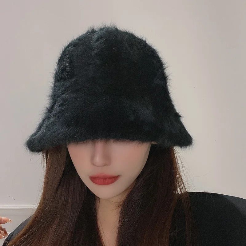Rabbit hair fisherman hat for women Autumn-winter basin hat head round plush senior sense face small white bucket hat for women 250819