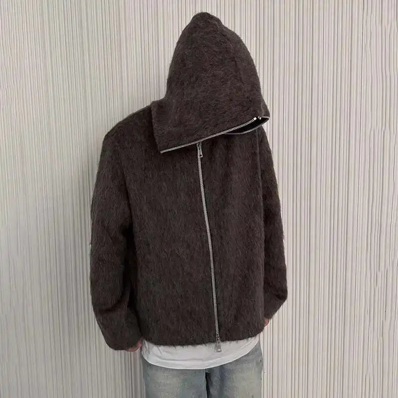 IEFB American Style Mens Cardigan Hooded Zipper Mohair Tops Solid Color Casual Loose Knitting Male Sweaters Menswear 9W201 250819