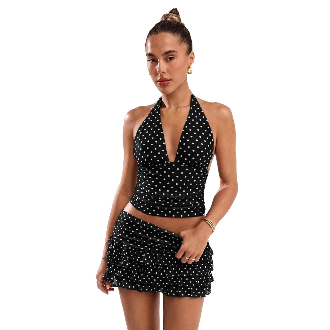 D9794 Womens Fashion Sexy Polka Dot Print Halter Neck Tank Top Ruffled Short Skirt Set