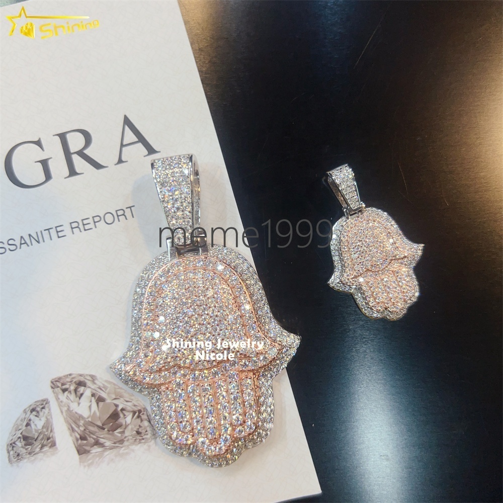 Custom Iced Out Luxury Popular Hip Hop 925 Silver Two Tone Rose Gold Hamsa Moissanite Pendant