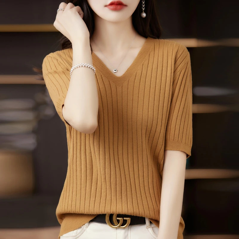 Womens Sweater Spring Summer Short Sleeve Vneck Knit Shirt Casual Korean Pullovers Stripe Bottoming Slim Fit Jumpers 250819