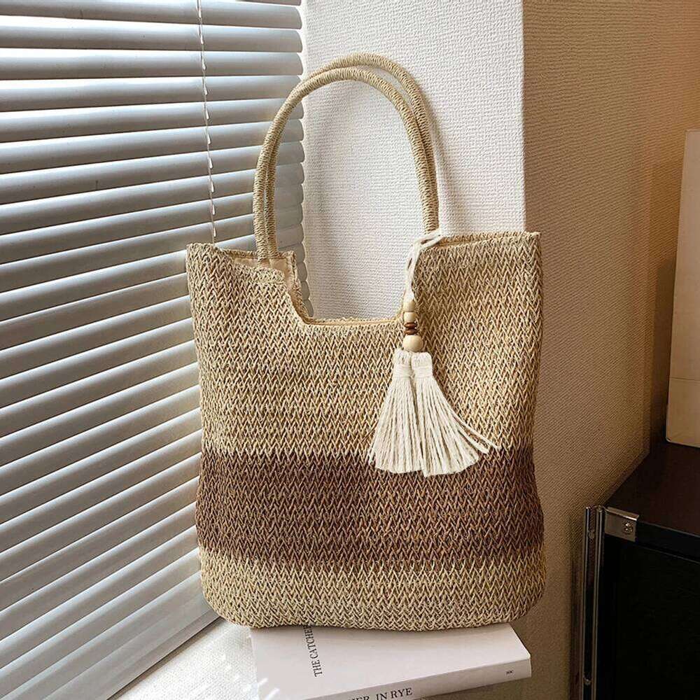 Summer Hand-Woven Straw Bag with Tassels Large Capacity Casual Tote Perfect for Beach Days and Holidays