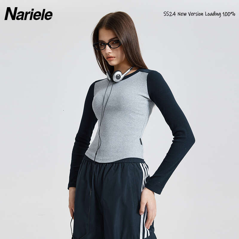 Color-Block Base Shirt Top For Women Spring Slim Fit Slimming Hot Girl Short Long-Sleeve T-Shirt B3