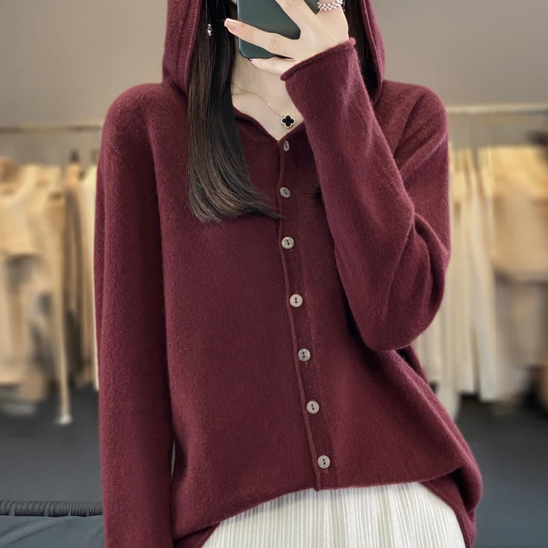 First Line 100% Merino Wool Knitted Cardigan Womens Autumn And Winter Hoodie Loose Sweater Fashionable Versatile Coat Top YC014 250819
