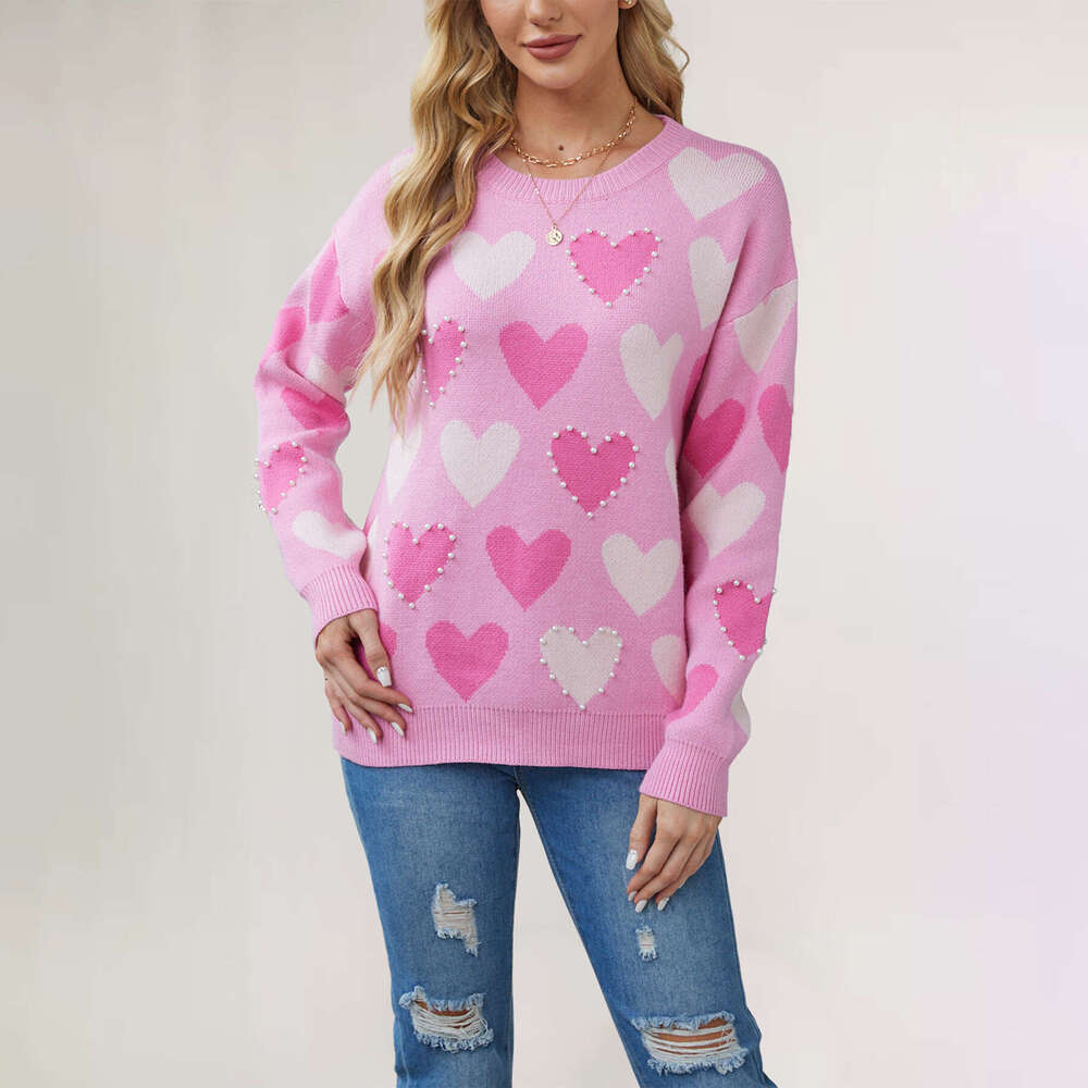 Winter New Valentine's Day Heart Peach Pullover Round Neck Handmade Beaded Craft Knit Sweater B5