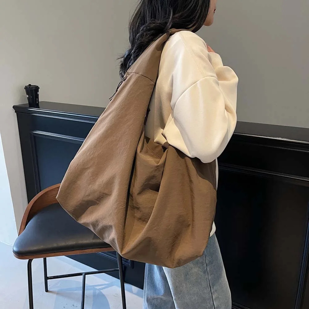 Casual Nylon Shoulder Bag Double Zipper Japanese Style Versatile Commuting Handbag Soft Solid Color 250818