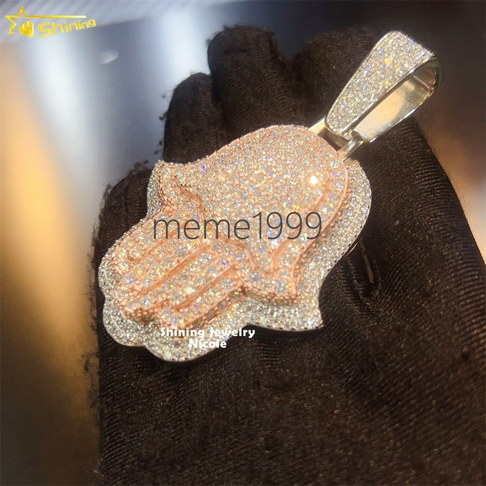 Custom Iced Out Luxury Popular Hip Hop 925 Silver Two Tone Rose Gold Hamsa Moissanite Pendant