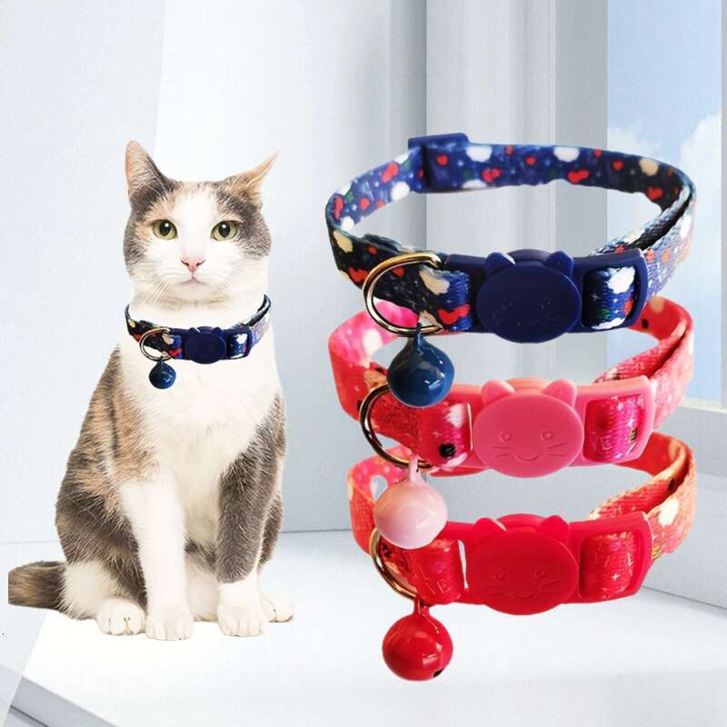 New Valentine's Day Pet Supplies Kitten Collar Printed Neck Ring Colorful Bell Chain Cat Head Safety Buckle Necklace