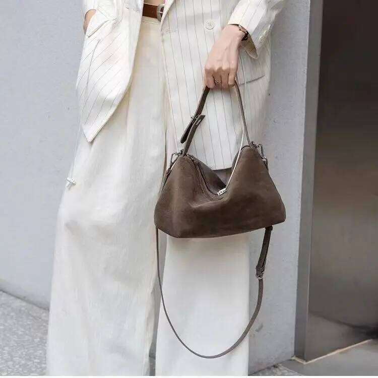 Designer Bags Simple Autumn Winter Colletion Grey Brown Roomy Big Boston Tote Soft Matte Suede Cow Leather Women's Handbag Shoulder Bag Luxury Ba