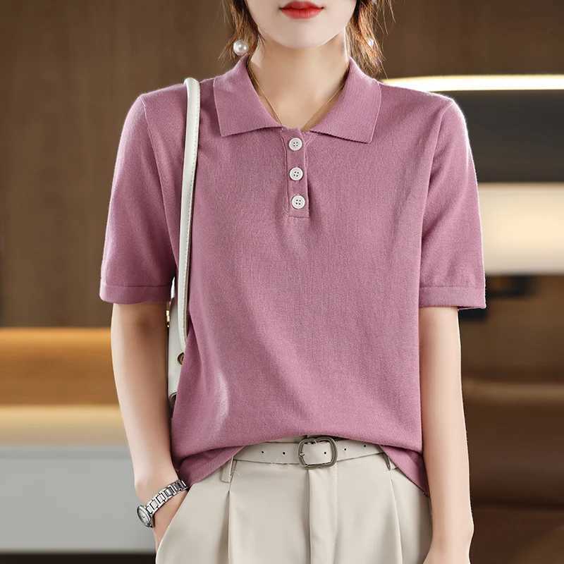 100% Cotton Summer Womens T-shirt Sweater Short Sleeve Casual Knitted Collar Womens Top Loose Pullover Button T-shirt XJ250819