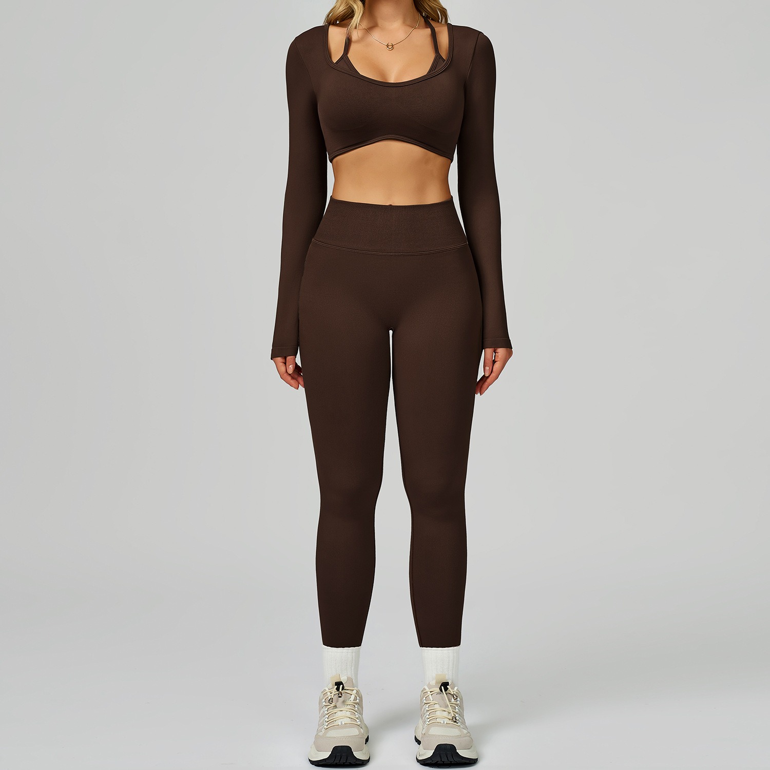 Women's Seamless Yoga Set - Halter Neck Long Sleeve & High-Waist Leggings for Sports