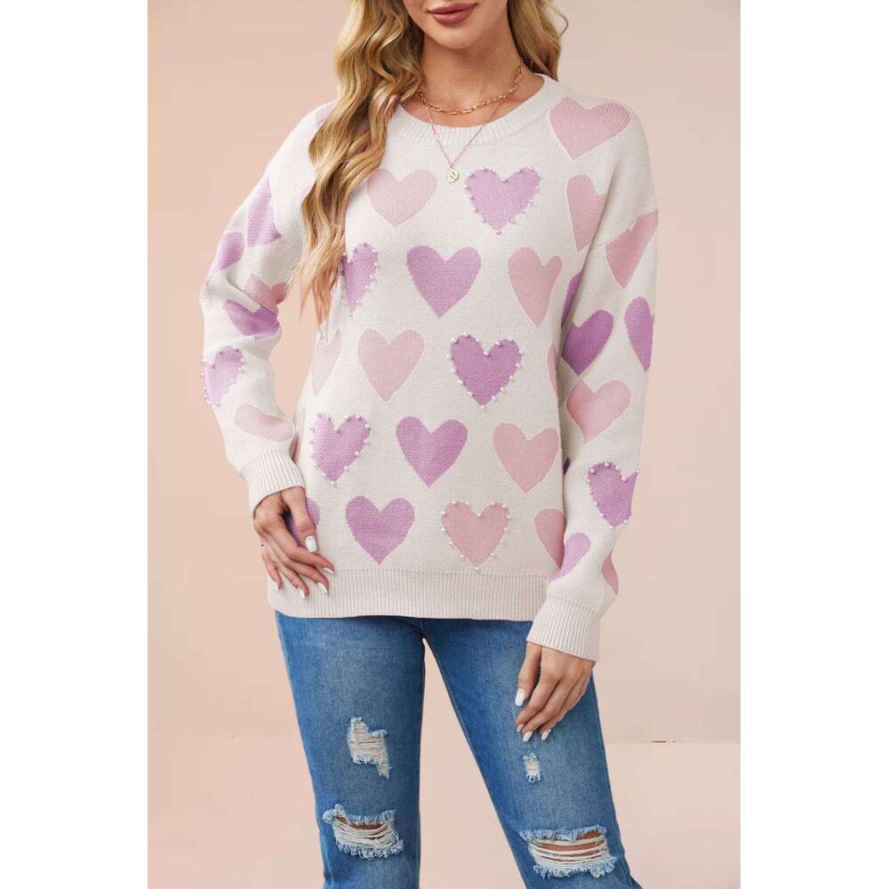 Autumn Winter New Tiktok Valentine's Day Round Neck Beaded Heart Peach Pullover Knitted Sweater For Women B5