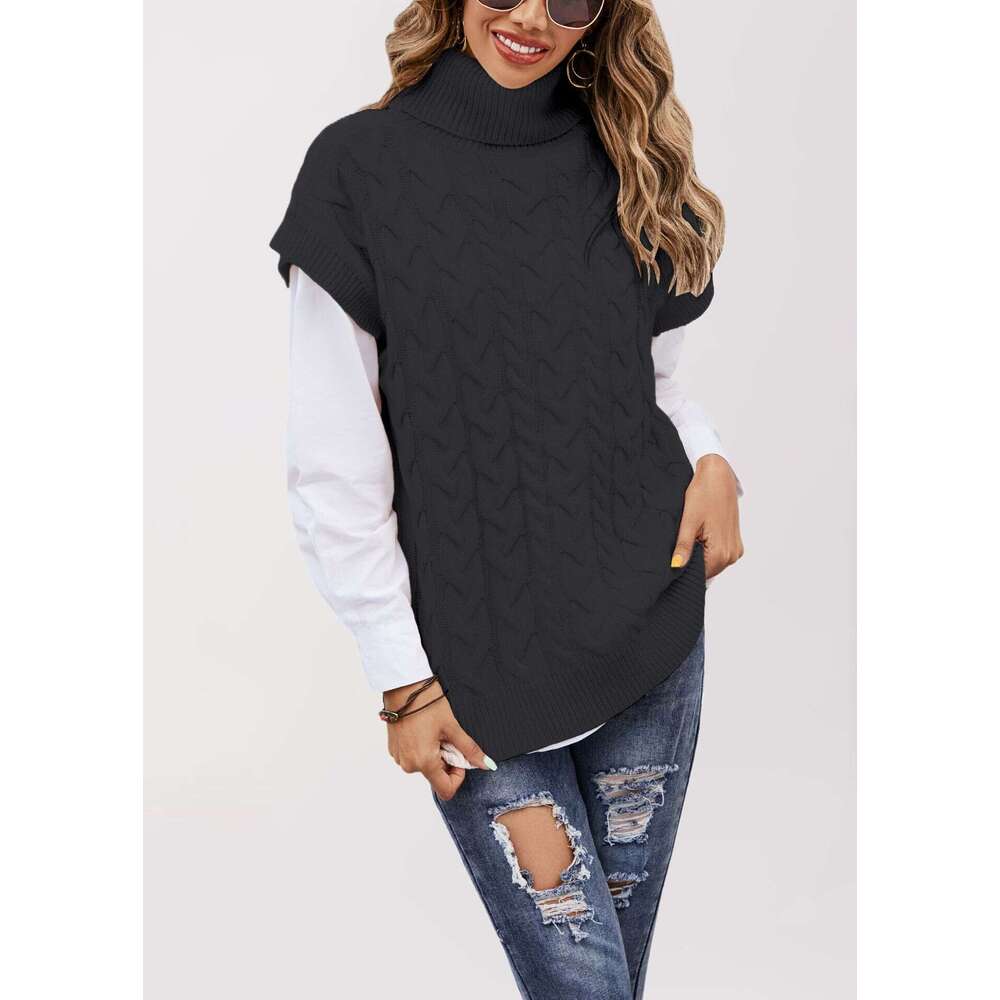 Autumn Winter New Temu Sleeveless Button Rope Vest Knitted Loose Pullover High Neck Sweater For Women B5