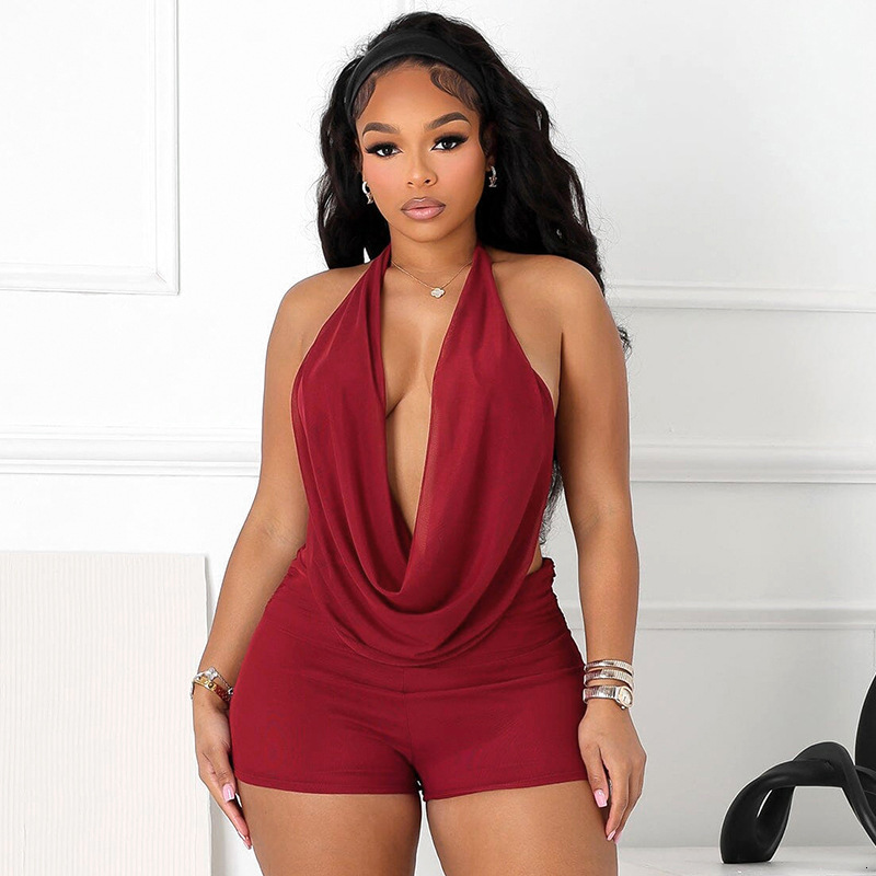 D9525 Womens Fashion Sexy Halter Neck Swing Collar Backless Tie Solid Color Mesh Two-Piece Set