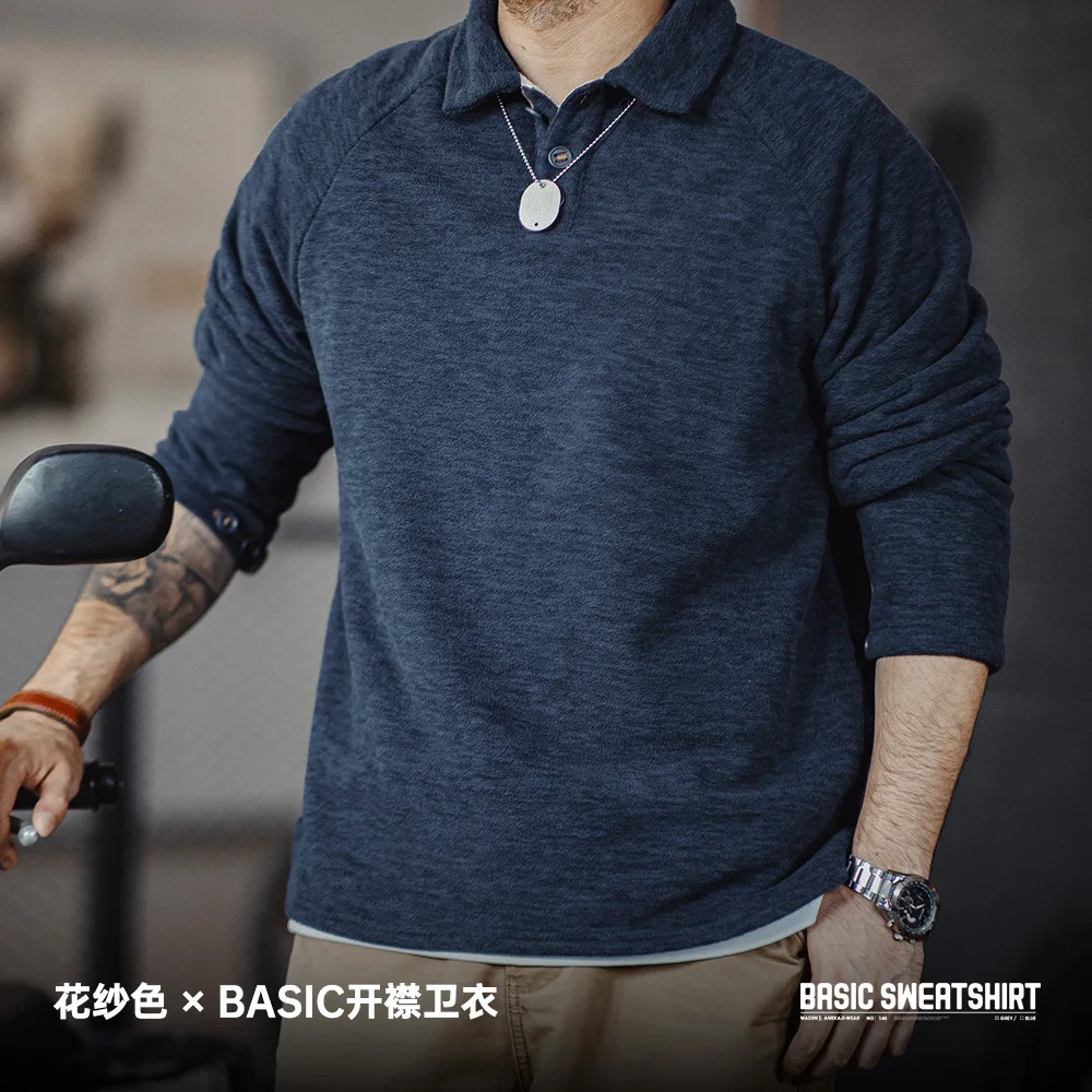 Maden Casual Half-button Placket Polar Fleece Polo Shirt Loose Fit Pullover Sweatshirt with Raglan Sleeves Warm Tops for Men 250818