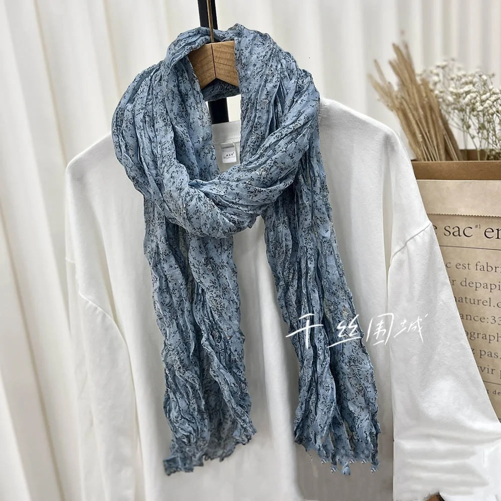 Retro Literary Cotton and Linen Pleated Thin Versatile Shawl Small Floral Scarf Gauze Japanese Men and Women 250818