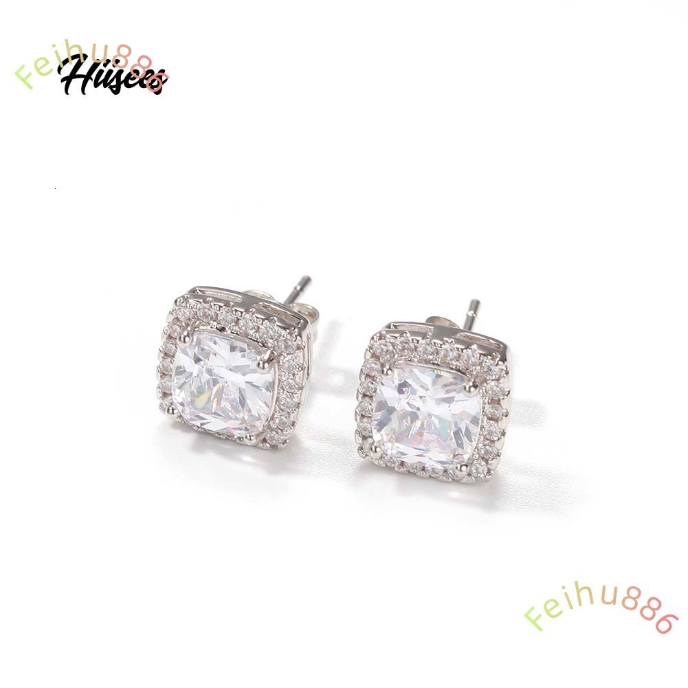 Hip Hop Jewelry Iced Out Moissanite Pink Stud Earrings Square Moissanite Women Bling Men Black Earrings