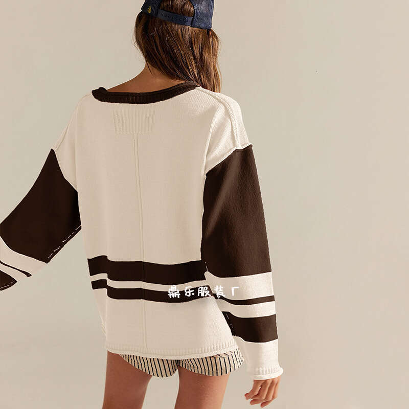 New Autumn Winter Pullover Women's Color Block Round Neck Loose Versatile Knitted Sweater B3