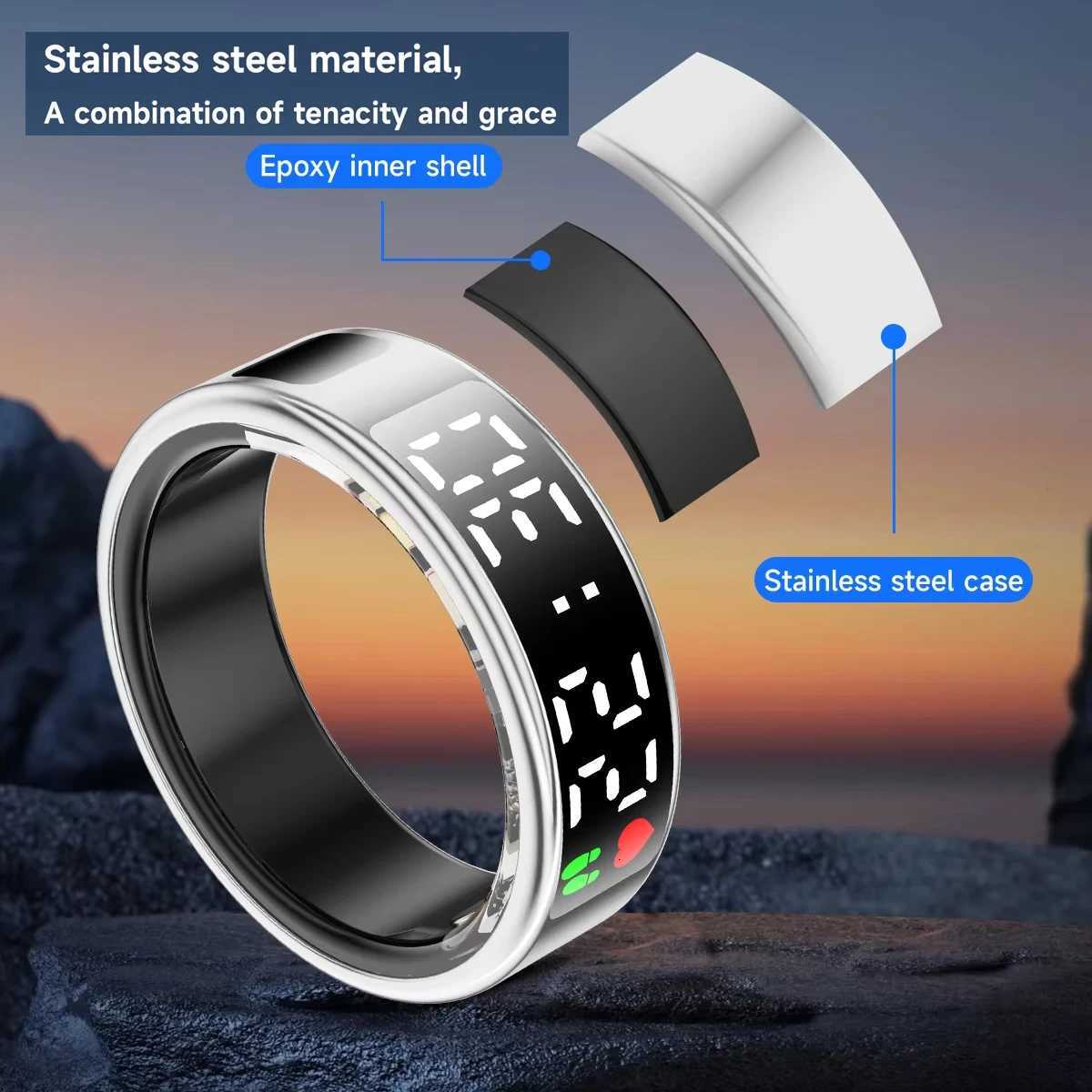 New SR08 Smart Ring LED Display Screen Heart Rate Sleeping Sports Modes Health Monitoring for Men and Women Stainless Steel Sports Ring W250819