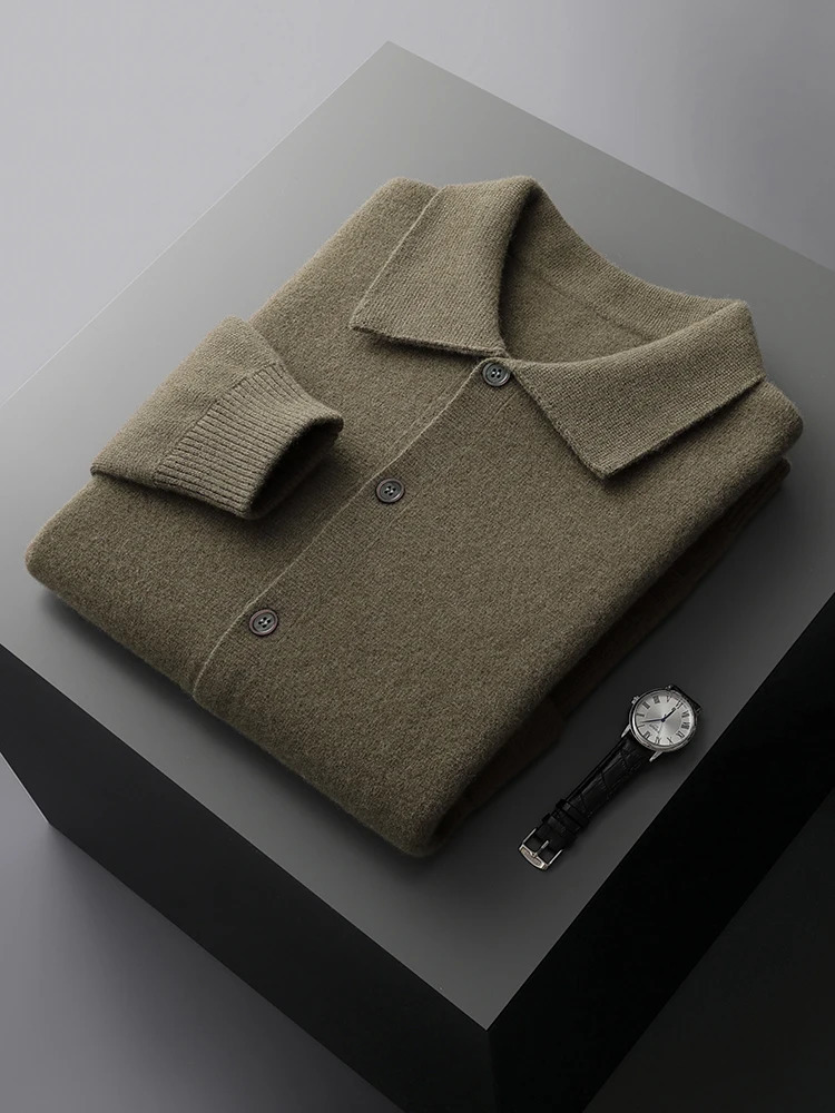 Spring Autumn 100% Merino Wool Knitwear Men Sweater High Quality Turndown Collar Single Breasted Solid Color Cardigan Soft Tops 250819