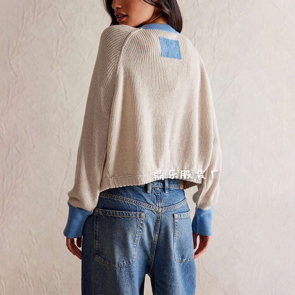 Autumn Winter New Temu Women's Color-Block Round Neck Cardigan Knitwear Single-Breasted Jacket B5