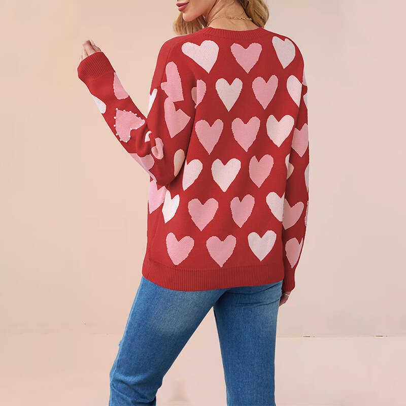 Autumn Winter New Tiktok Valentine's Day Round Neck Beaded Heart Peach Pullover Knitted Sweater For Women B5