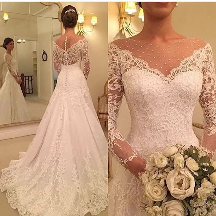 Vintage Long Sleeve Country Wedding Dress A Line Sheer Neck Lace Bridal Gowns 2025 Robe De Mariage Custom Made Bride Dresses Plus Size