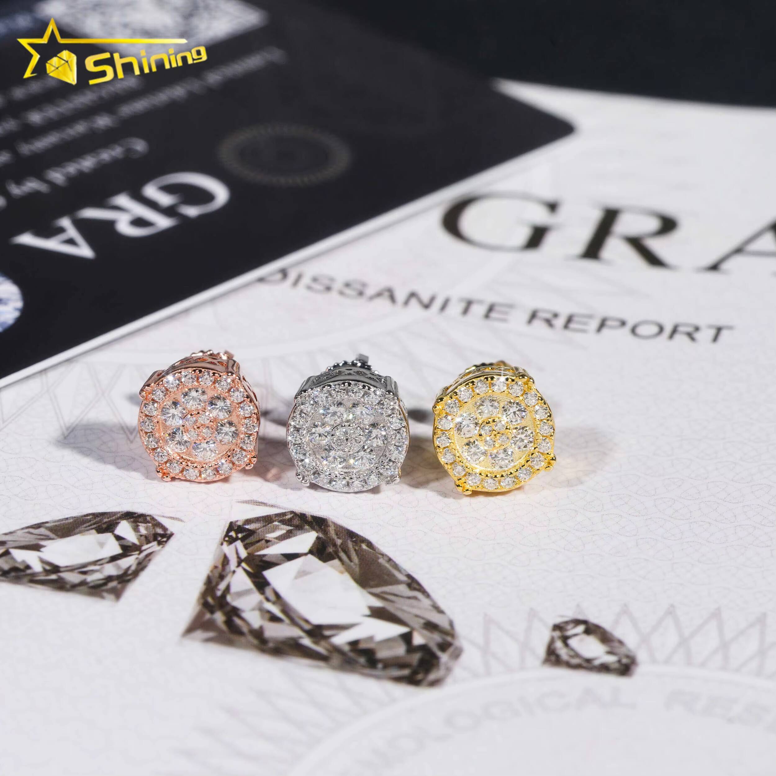 2025 new style Nice Jewelry Bling Shining Round Shape 925 Silver White Gold Moissanite Hip Hop Earrings