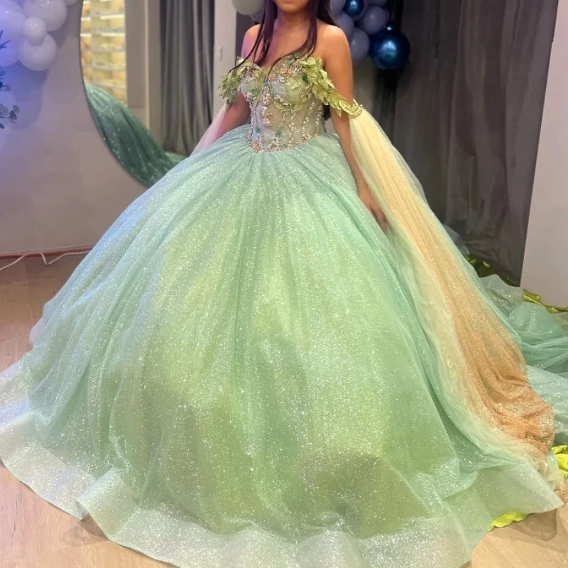 Sage Green Shiny Off The Shoulder Quinceanera Dresses Lace Beads Tull With Cape Ball Gown Princess Party Birthday Vestidos De 15 Anos Sweet 16 Dress