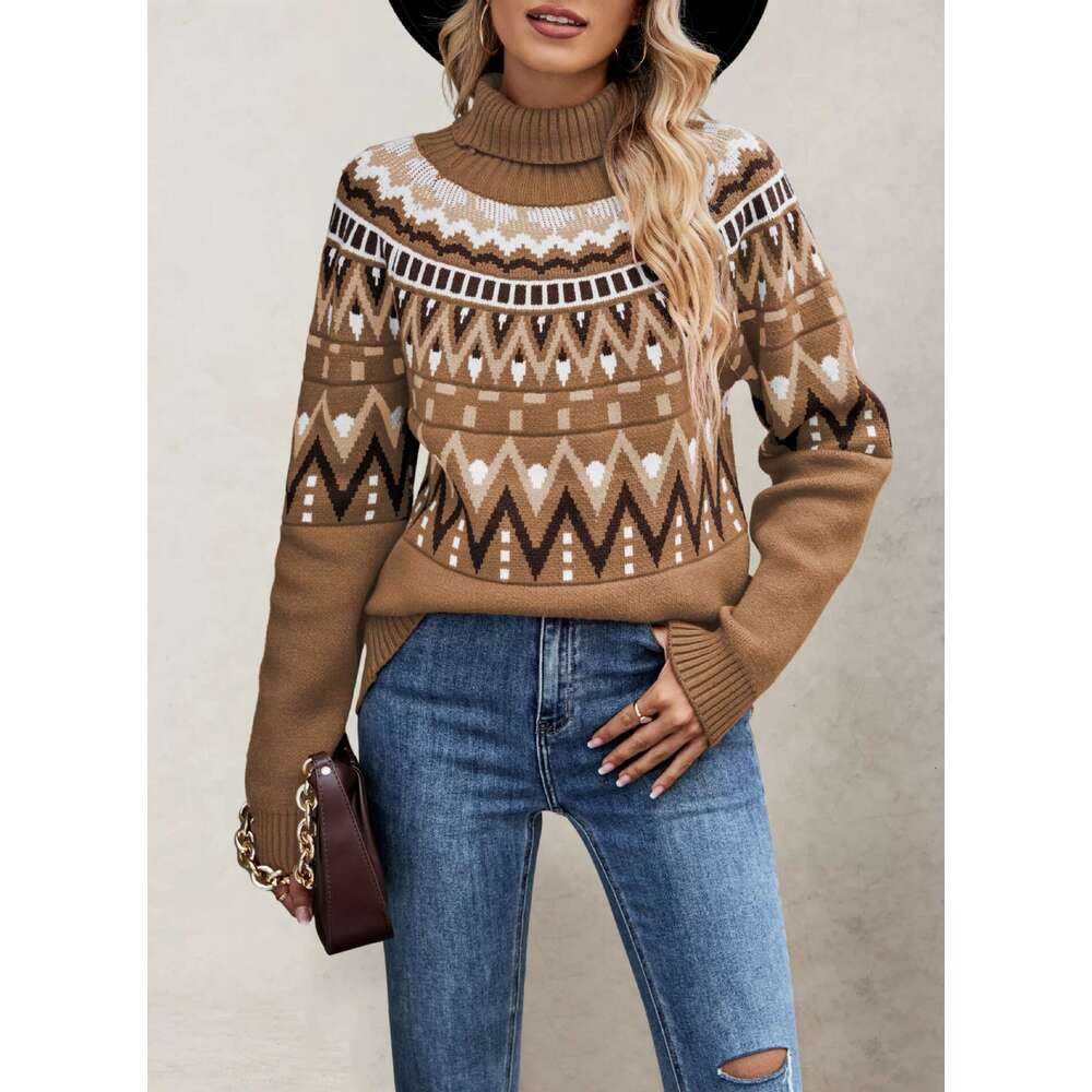 Autumn Winter New Women's Clothing Patchwork Color Block Sweater High Neck Loose Knit B5