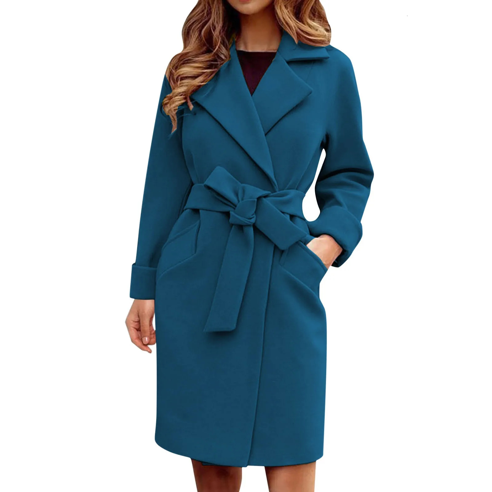 Women Pink Trench Coat Casual Mid Long Overcoat Lapel Open Front Cardigan Outwear Woolen Boot Winter Jackets for Women 250818 - view 6