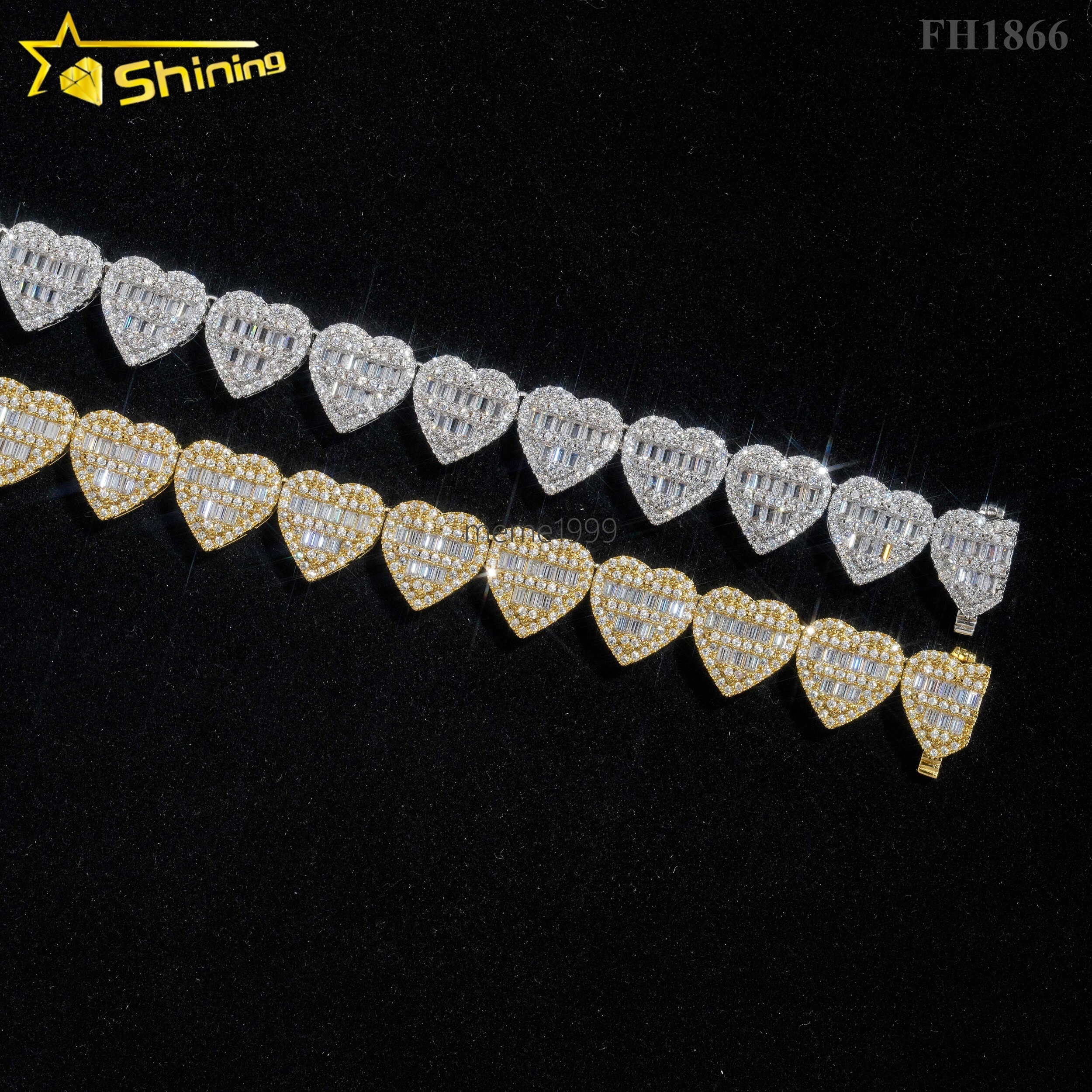 Fashion Design baguette 13mm Heart Bracelet Moissanite Diamond Cuban Link Bracelets