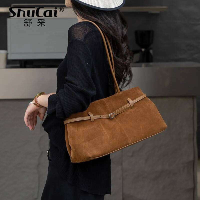 Genuine Cow Leather Women s Shoulder Large Bag Matte Suede Designer High Quality Commute Ladies Cowhide Handbag for Woman bag