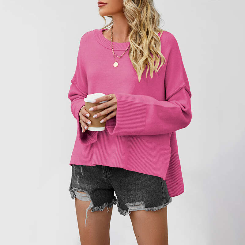 Autumn And Winter New Women's Clothing Street Style Flared Sleeve Solid Color Round Neck Sweater B5