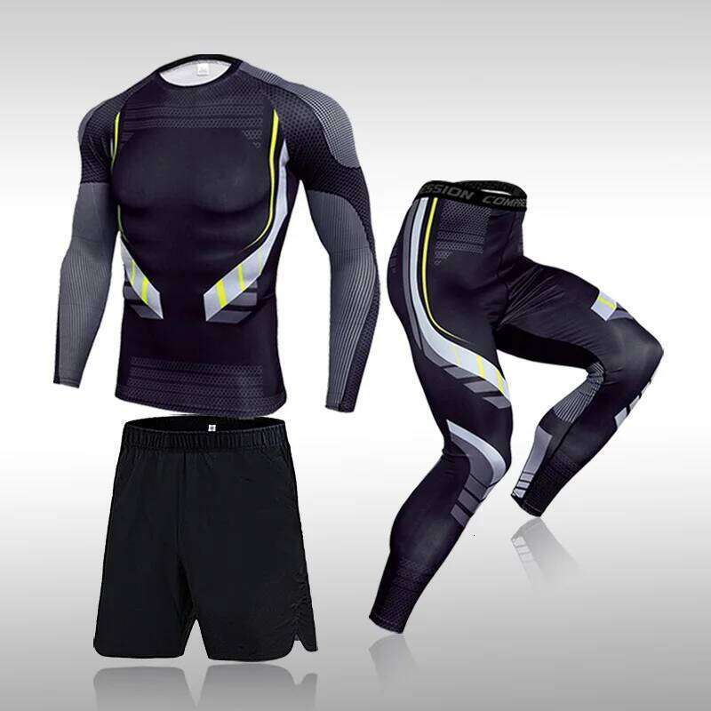 3 Pcs Set Men's Workout Sports Suit Gym Fiess Compression Clothes Running Jogging Sport Wear Exercise Rashguard Men