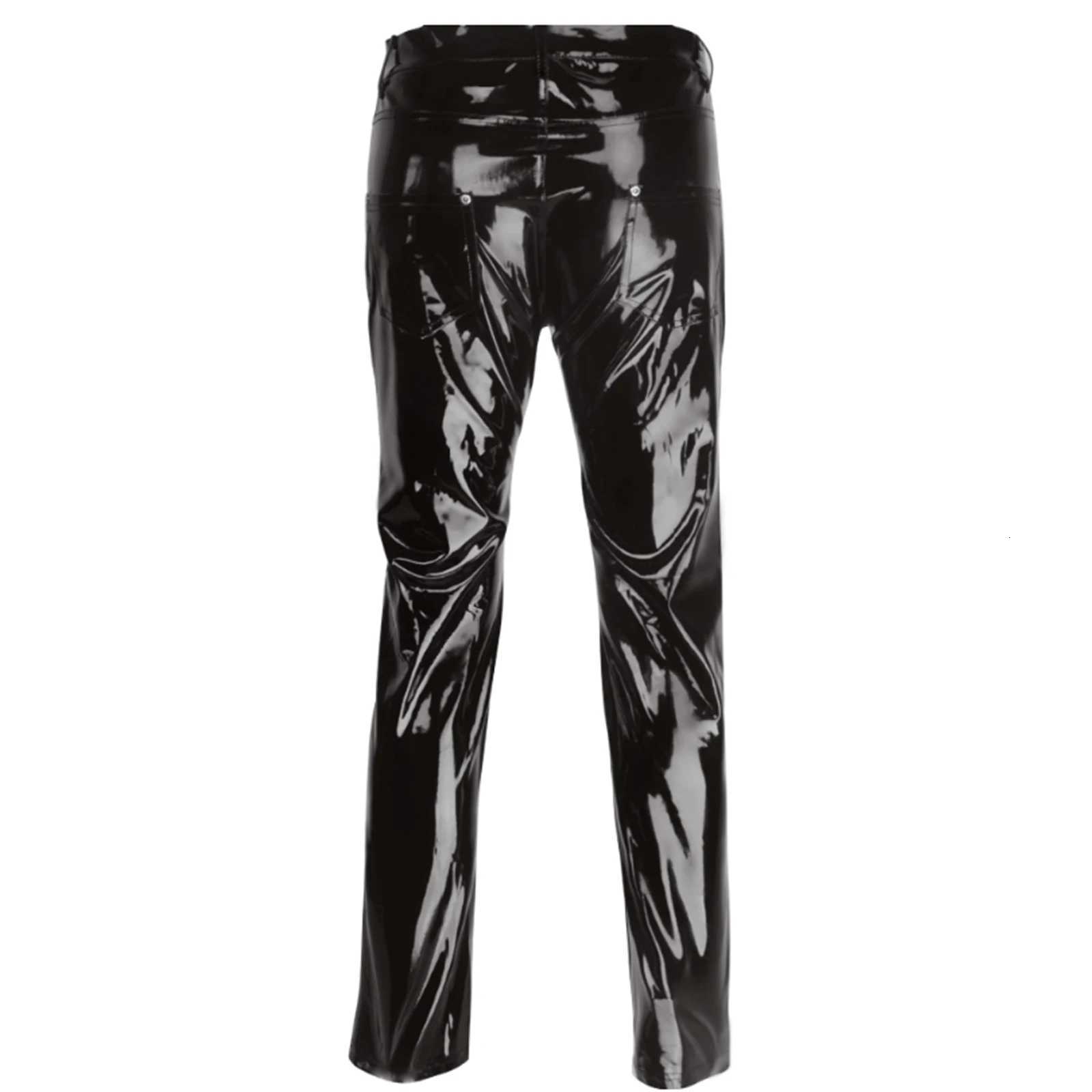 Men Wet Look Patent Leather Full Length Pants Boys Black Glossy Mid Waist Straight Trousers for Bar Nightclub Stage Show Costumes W250819