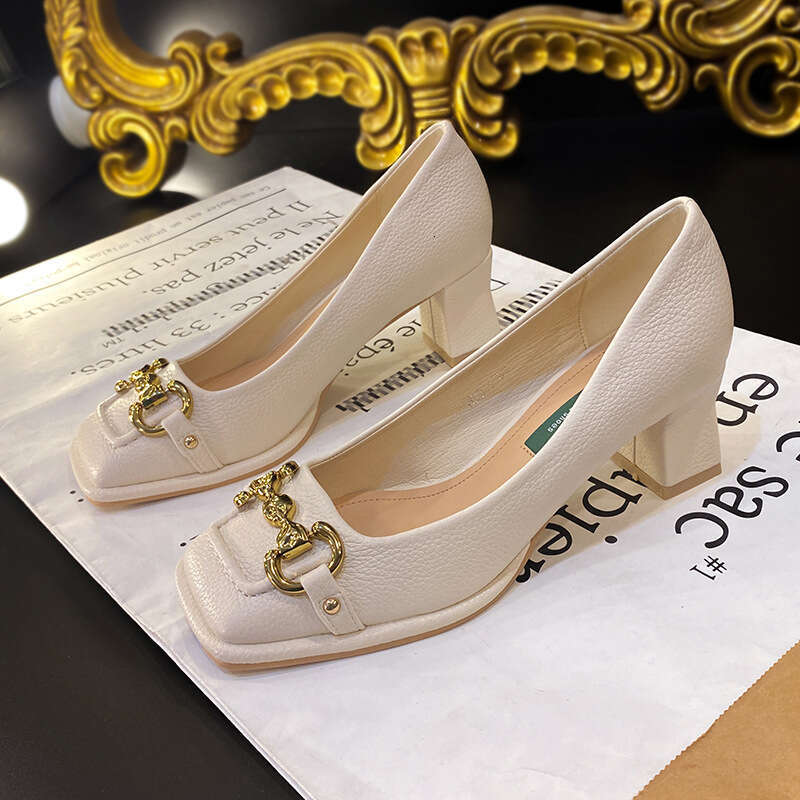 Fashionable Design Square Toe High Heels for Women 2023 New French Style Large Size Chunky Heel Single Shoes