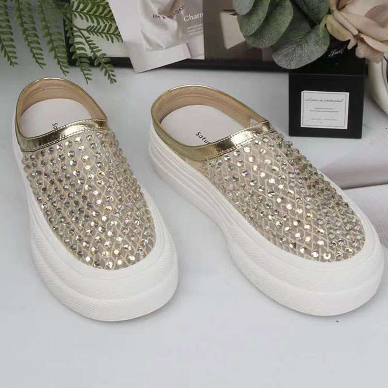 2025 New Summer Rhinestone Mesh Hollow Lazy Slip-On Sandals Outdoor Versatile Thick Sole Height-Increasing Half Slippers