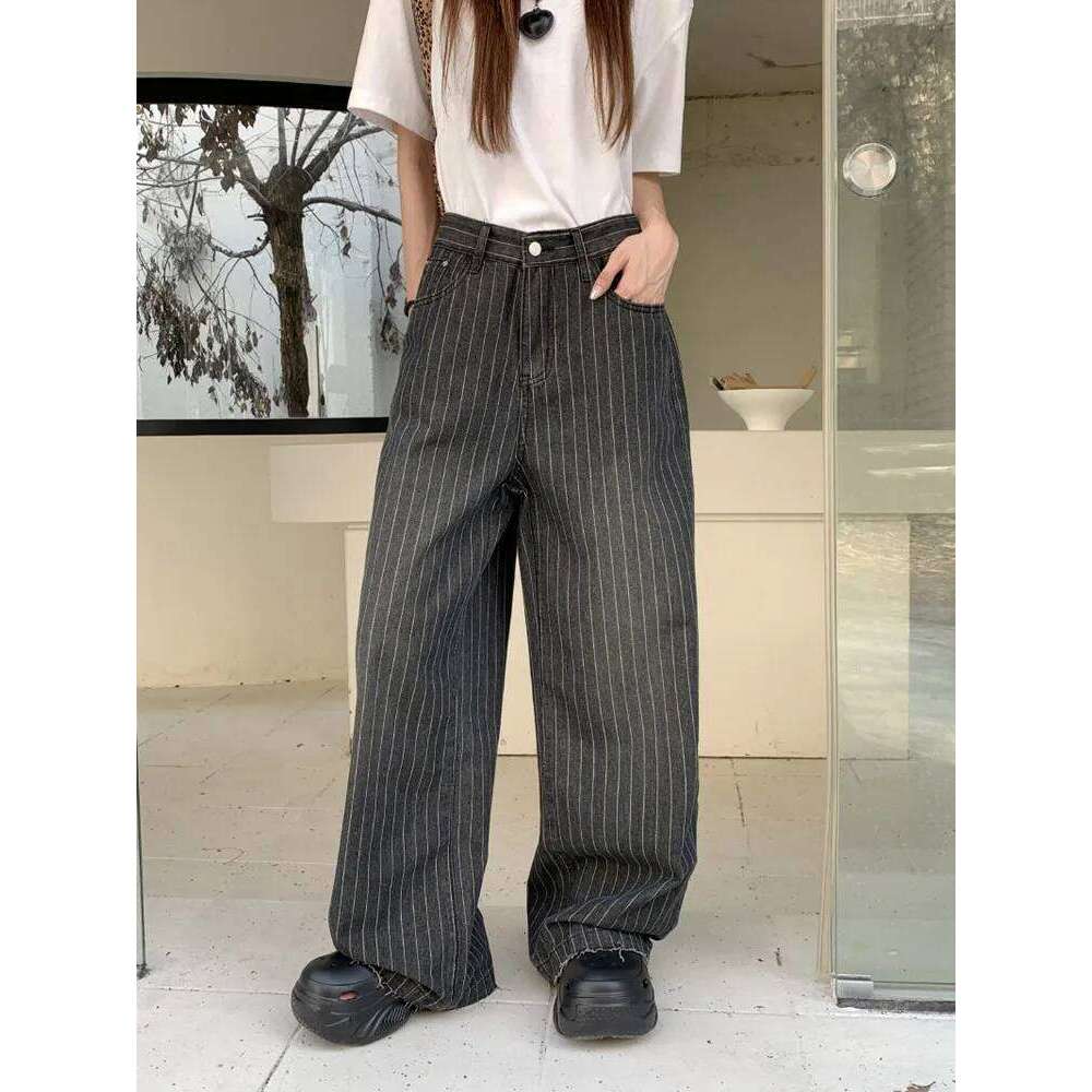 2024 Ropa Y2K Fashion Vintage Striped Wide Leg Baggy Jeans Pants For Women Clothes Straight Washed Black Casual Lady Trousers