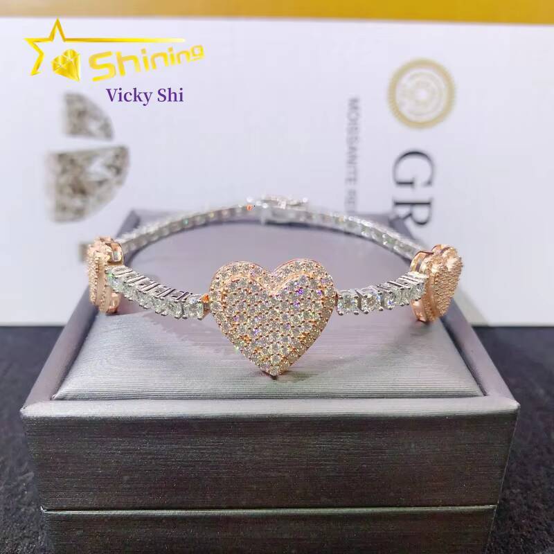 New Design Fine Jewelry Pass Diamond Tester 925 Sterling Silver Two Tones Heart Shape Moissanite Tennis Bracelet