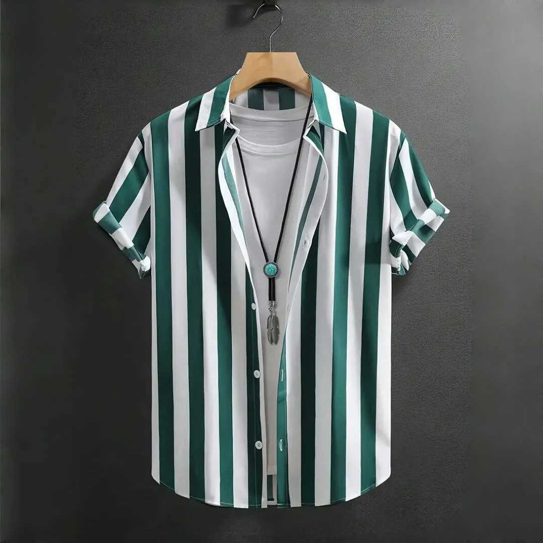 2025 Street Simplicity Stripe Print Men Shirts New Fashion Short-sleeved T-shirt Ropa Hombre Daily Casual Lapel Party Tops Y250819