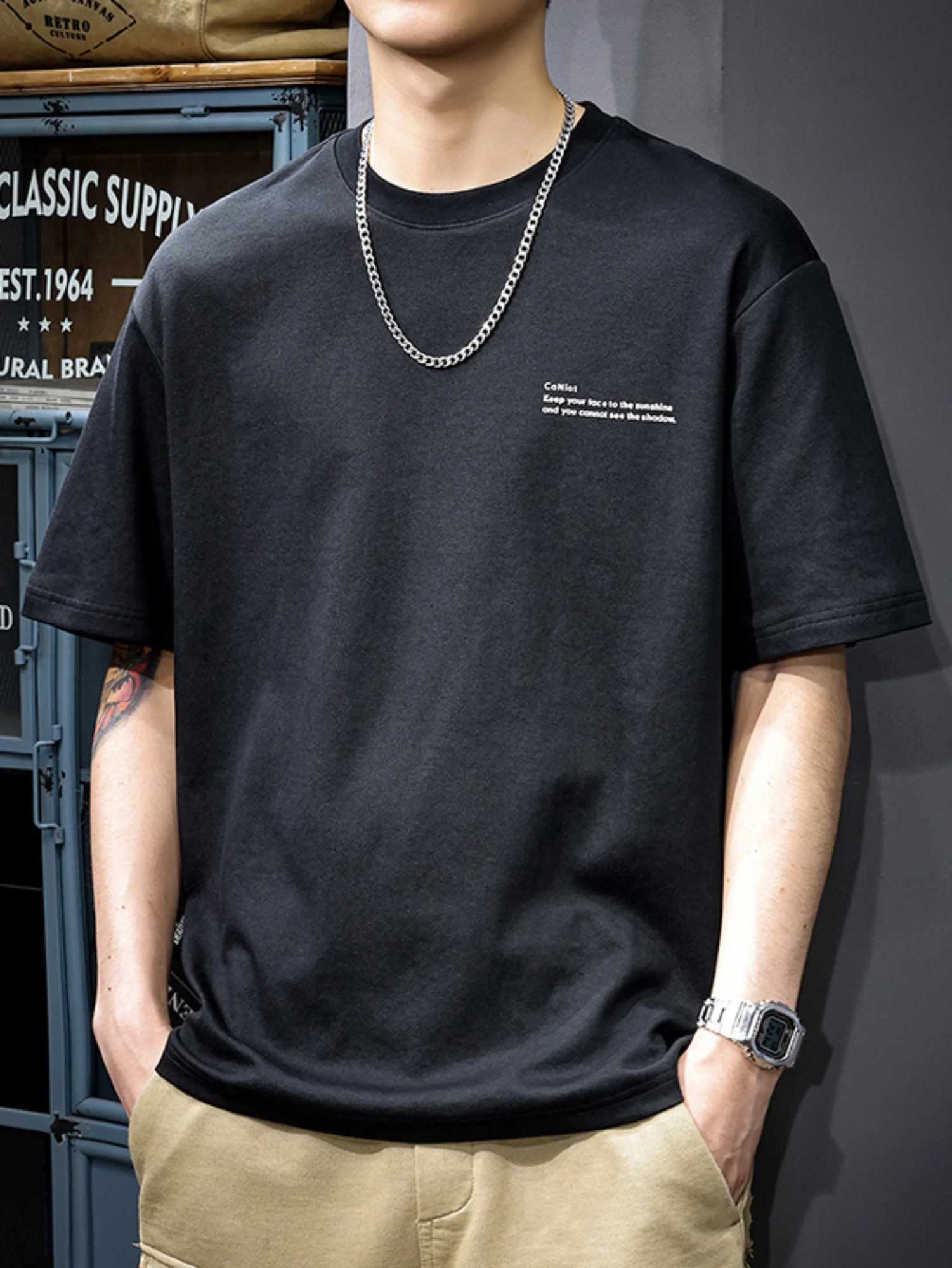 Mens 100% pure cotton summer loose size simple letter printed casual and comfortable round neck short sleeved T-shirt top Y250819