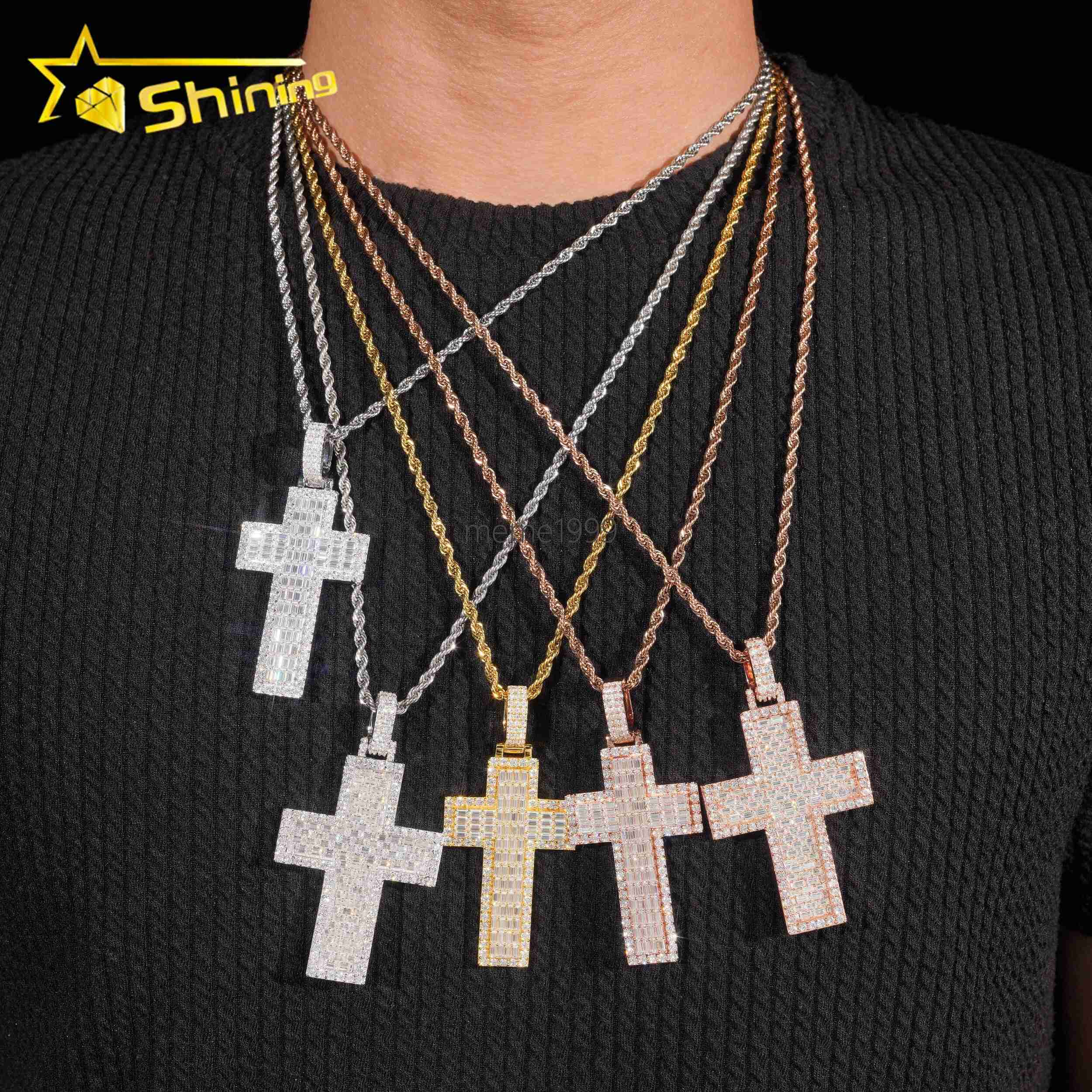 Pass Diamond Tester Baguette Diamond 925 Silver Iced Out Mens Cross Moissanite Hip Hop Pendant