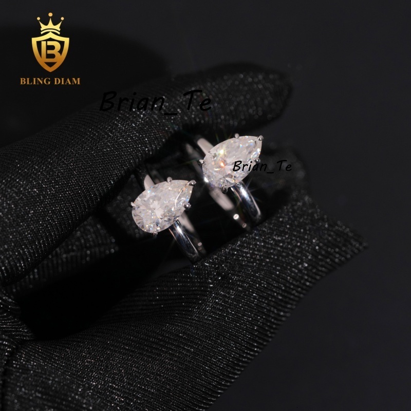 Hot Sale Iced Out Fine Jewellery Moissanite Ring Engagement Main Stone Pear-Shaped Cut Sterling Silver S925 Luxury Rings